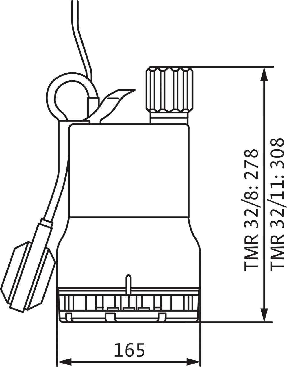 Selbstansaugende Pumpe von Wilo mit einem robusten Gehäuse, Abmessungen und einem Anschluss für den Schmutzwasserbetrieb, dargestellt in einem technischen Diagramm.