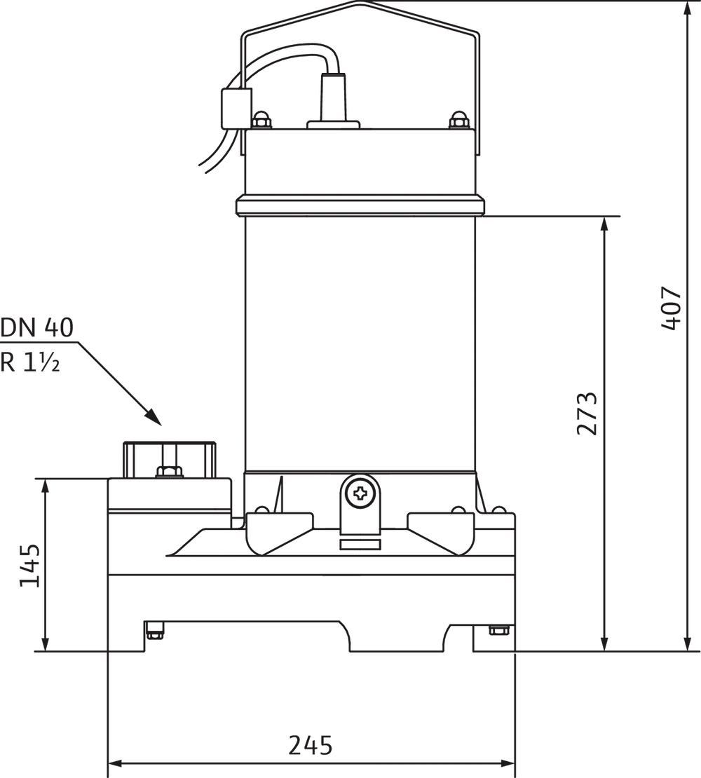 Wilo Schmutzwasser-Tauchmotorpumpe mit vertikaler Bauform, Kabelanschluss oben, Abmessungen und technische Details für Installation und Nutzung abgebildet.