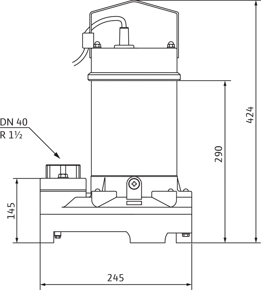 Schmutzwasser-Tauchmotorpumpe von Wilo, schematische Darstellung mit technischen Maßen und Anschlussdetails, geeignet für den Einsatz in Abwasseranwendungen.