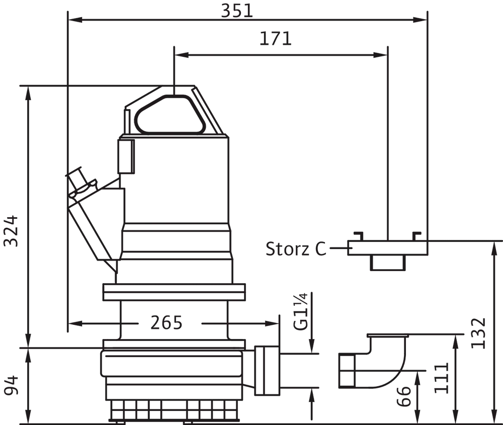 Schmutzwasserpumpe von Wilo, schematische Darstellung mit technischen Maßen und Anschlussdetails. Zeigt die Konstruktion und wichtigsten Dimensionen der Pumpe.