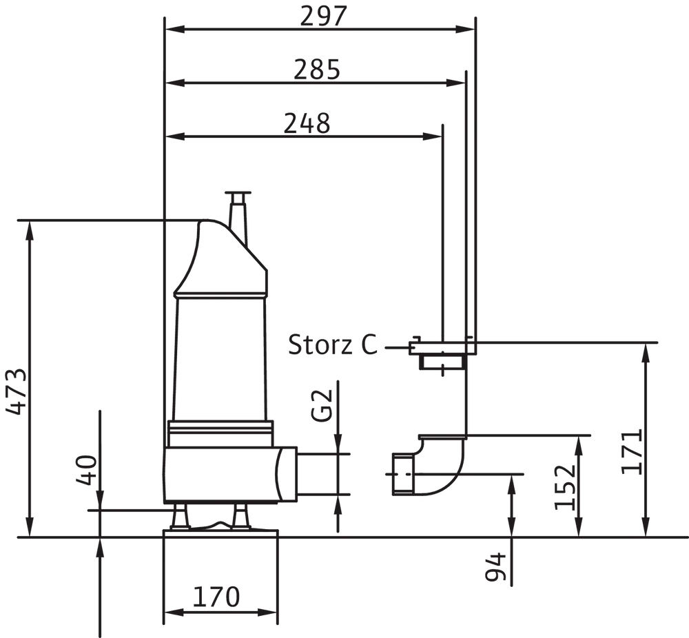 Schmutzwasserpumpe von Wilo, schematische Darstellung mit Maßangaben, inklusive Anschlussmöglichkeiten und technischen Details.