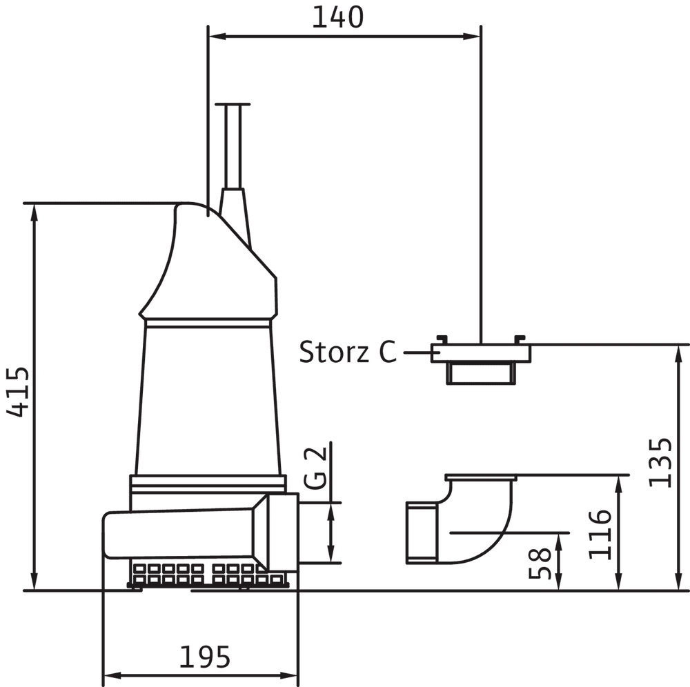 Schmutzwasserpumpe mit einem vertikalen Gehäuse und Anschlüssen, dargestellt in einem technischen Diagramm. Wilo-Marke sichtbar.