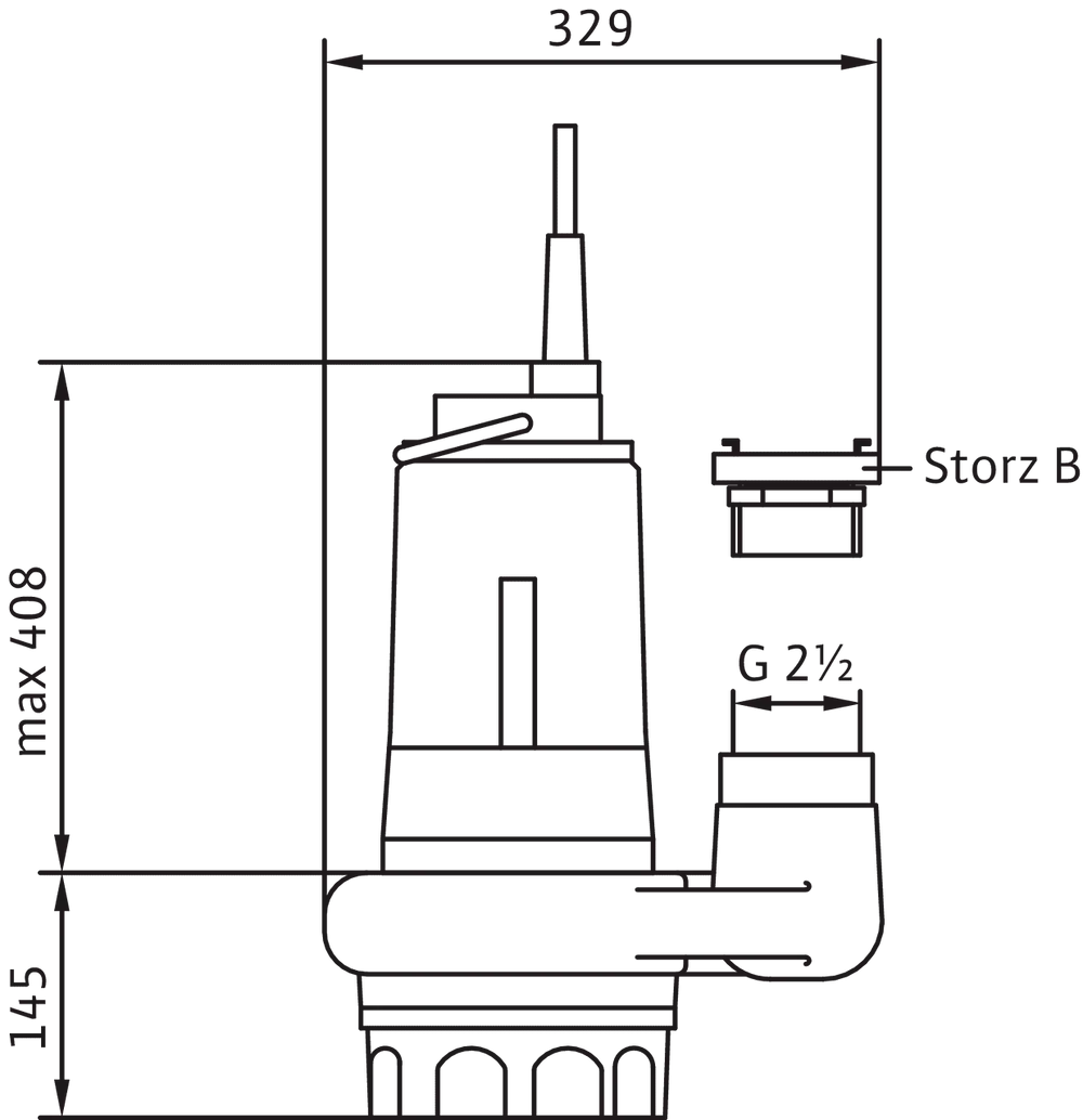 Schematische Darstellung einer Wilo Schmutzwasserpumpe mit anschlussseitiger Maßangabe. Übersicht der Installation und Dimensionen.