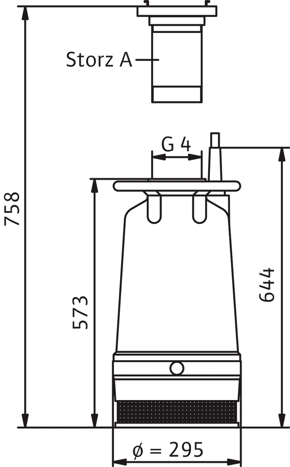 Schematische Darstellung einer Schmutzwasserpumpe von Wilo mit verschiedenen Maßangaben. Die Pumpe zeigt eine zylindrische Form und Anschlüsse oben und unten.