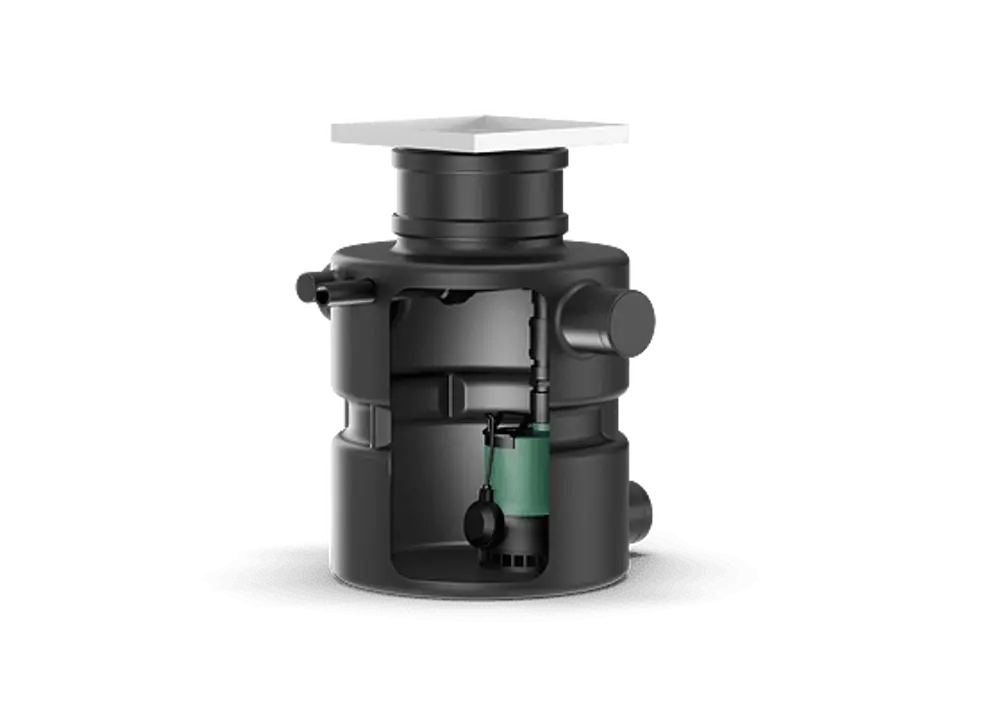 Schwarze Abwasser-Hebeanlage mit grüner Pumpe im Inneren. Sichtbare Anschlüsse und Druckschalter. Produkt von Wilo für die Förderung von Abwasser.