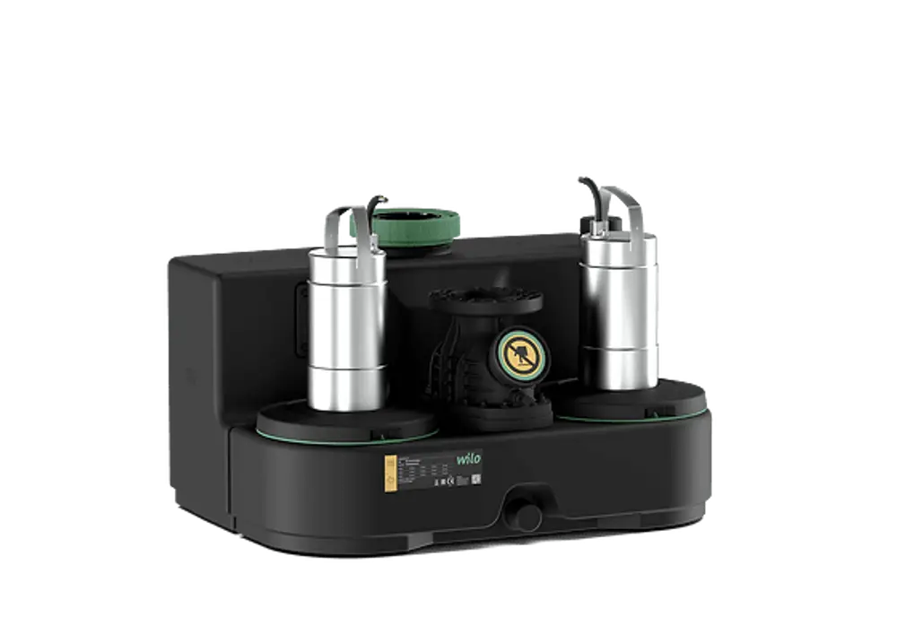 Kompakte Hebeanlage mit zwei Pumpen, gefertigt von Wilo, in schwarzem Gehäuse mit silbernen Pumpenelementen und verschiedenen Anschlussmöglichkeiten.