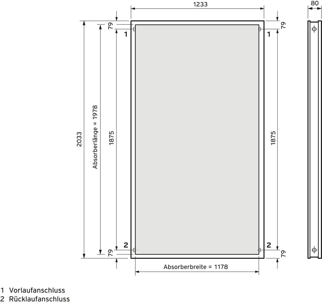 Solar-Flachkollektor von Vaillant mit rechteckiger Form, dargestellt mit Abmessungen und Anschlussinformationen. Technische Details sind klar gezeichnet.