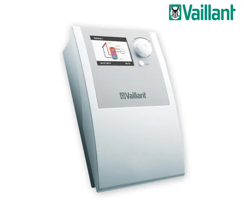 Weißer Temperaturdifferenzregler von Vaillant mit digitalem Bildschirm und Drehregler zur Steuerung von Solaranlagen.