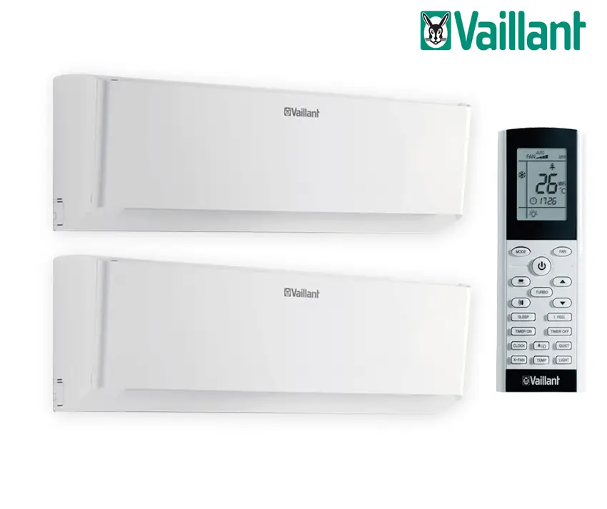 Zwei weiße Inneneinheiten von Vaillant mit Fernbedienung. Die Einheiten sind für Multi-Split-Klimaanlagen konzipiert und in einem neutralen Raum angeordnet.