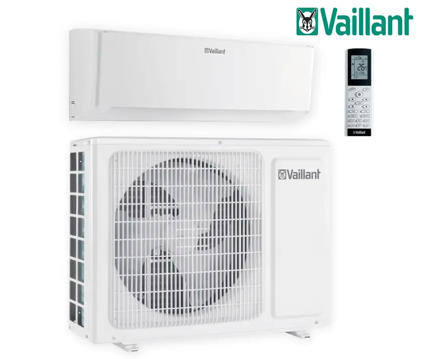 Wandklimagerät von Vaillant, bestehend aus einem Innen- und Außengerät sowie einer Fernbedienung. Das Innenmodul ist wandmontiert, das Außengerät ist freistehend.
