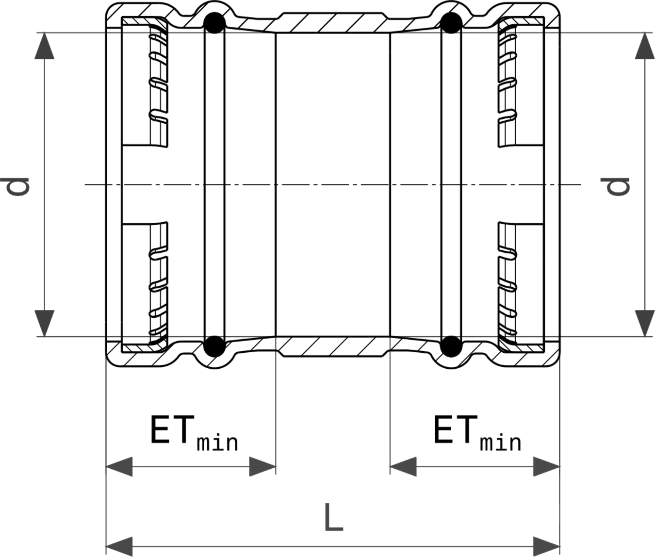 Viega Pressfitting, Schiebemuffe mit zwei Anschlüssen, geometrische Form mit durchgehenden Linien und Maßen oben und unten, für Rohrverbindungen.