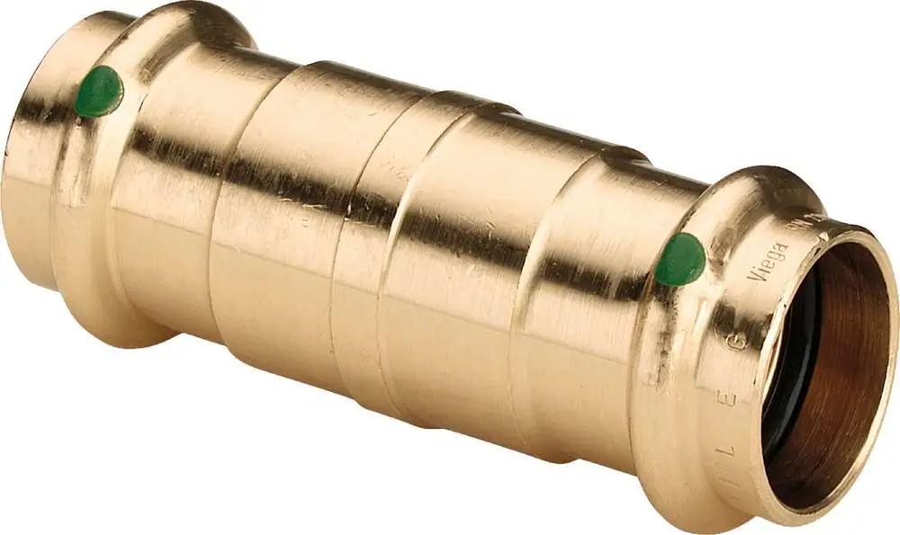 Kupplung aus Rotguss oder Siliziumbronze, geeignet für Rohrsysteme, gefertigt von Viega. Das Produkt hat eine glatte Oberfläche und ist zylindrisch geformt.