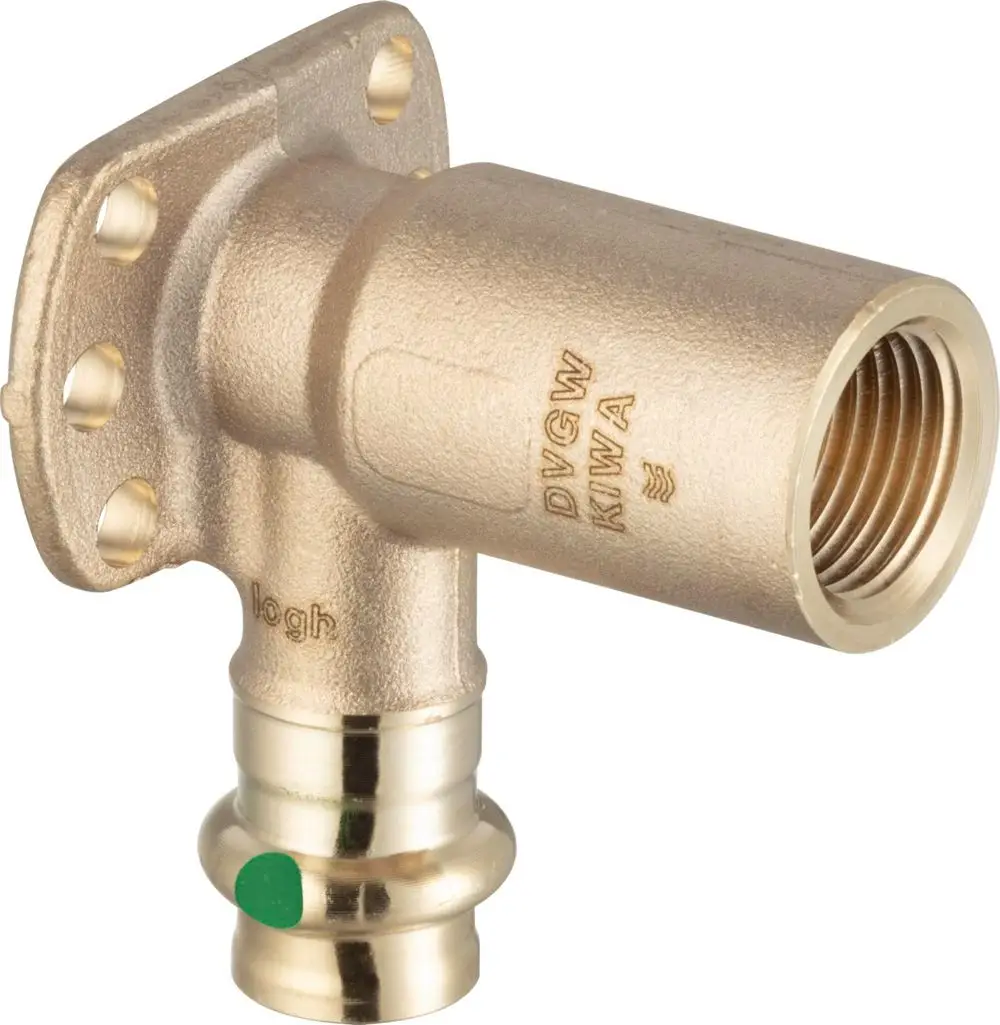 Wandscheibe aus Rotguss oder Siliziumbronze mit einem Anschluss für Rohrverbindung, hergestellt von Viega. Eignet sich für Sanitärinstallationen.