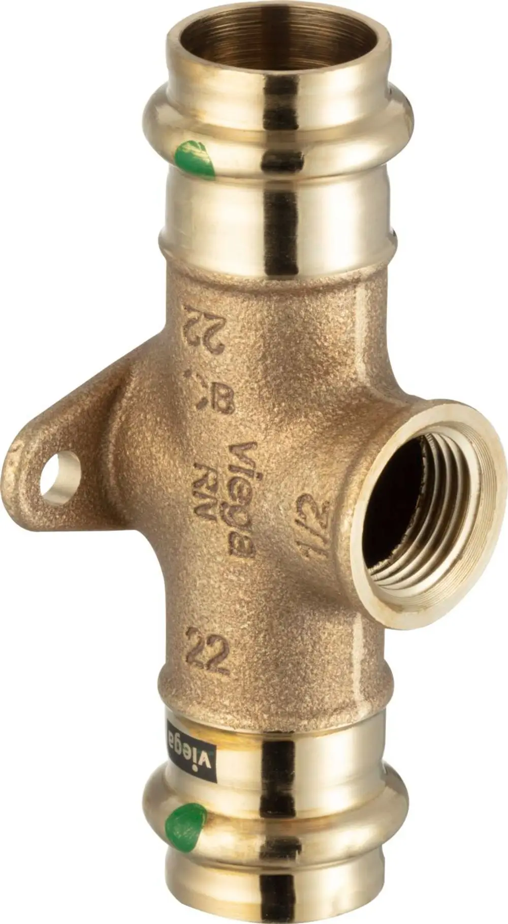 T-Stück aus Rotguss oder Siliziumbronze mit drei Anschlüssen, zwei mit Muffen und einem mit Innengewinde. Hersteller Viega.