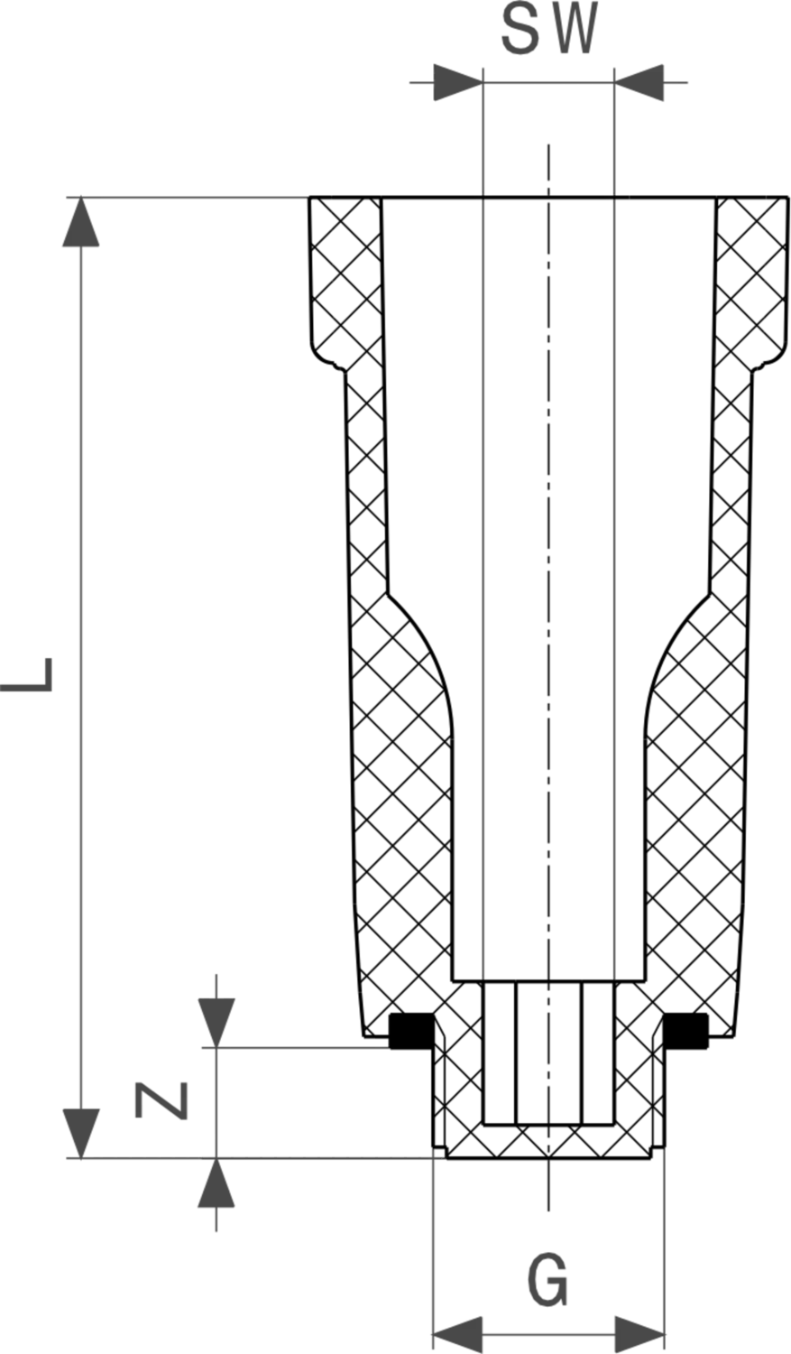 Viega Raxofix Abdrückstopfen in Kunststoff, abgebildet mit den entsprechenden Maßen und Detailansichten zur Illustration der Struktur und Formgebung.