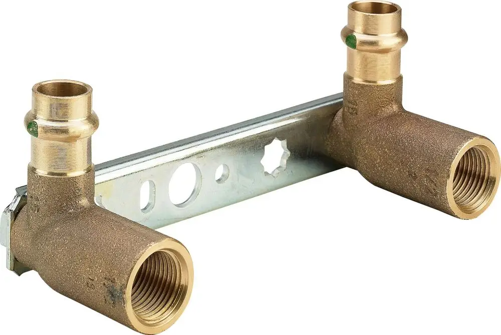 Viega Montagesatz aus Rotguss oder Siliziumbronze mit zwei Anschlüssen und einer Halterung aus verzinktem Stahl für Rohrverbindungen.