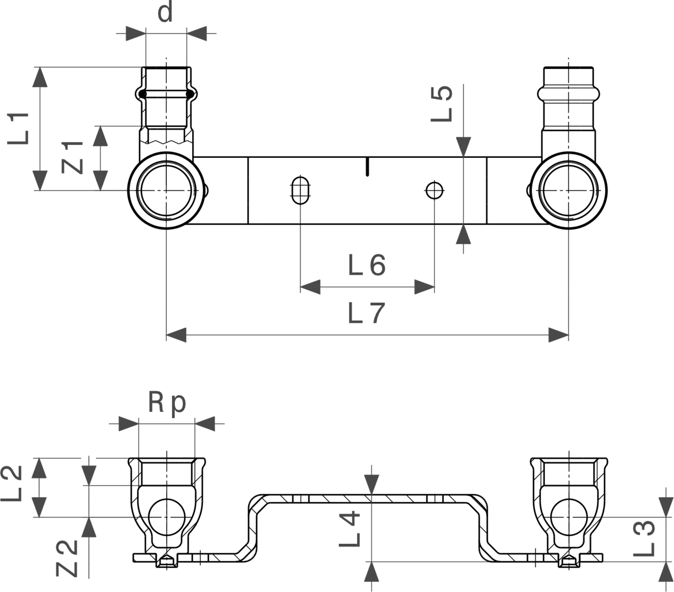 Viega Montageeinheit aus Rotguss oder Siliziumbronze mit verschiedenen Anschlussmaßen, dargestellt in einer schematischen Darstellung mit Längen und Durchmessern.
