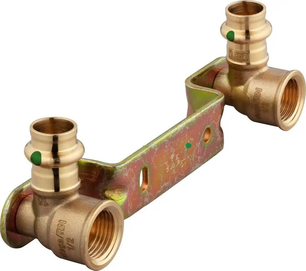 Montageeinheit aus Rotguss oder Siliziumbronze, mit zwei Anschlüssen und einer Halterung, hergestellt von Viega, zur Verwendung in Rohrleitungssystemen.