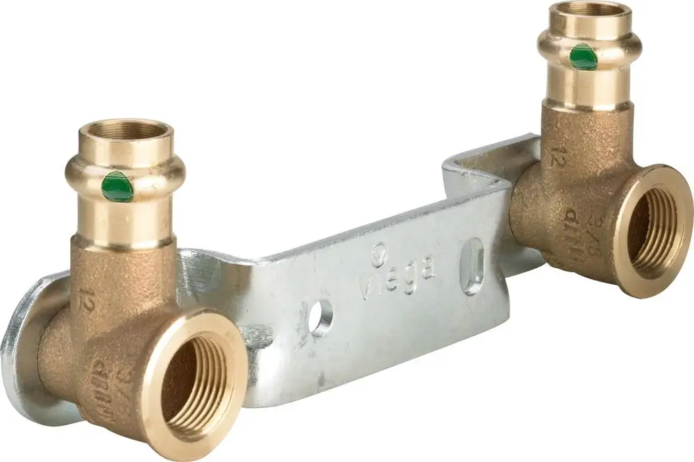 Montageeinheit mit zwei Anschlüssen aus Rotguss oder Siliziumbronze, verbunden durch eine verzinkte Stahlbasis, hergestellt von Viega.