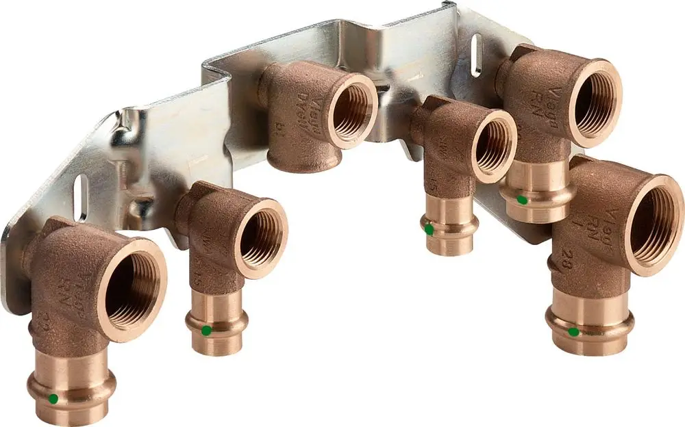 Montageeinheit mit mehreren Ventilverbindungen aus Rotguss oder Siliziumbronze, montiert auf einer Metallplatte, hergestellt von Viega.