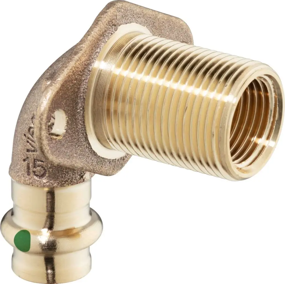 Viega Wanddurchführung mit einem gewinkelten Anschluss und einem integrierten Pressfitting. Das Material scheint Kupfer oder Bronze zu sein.