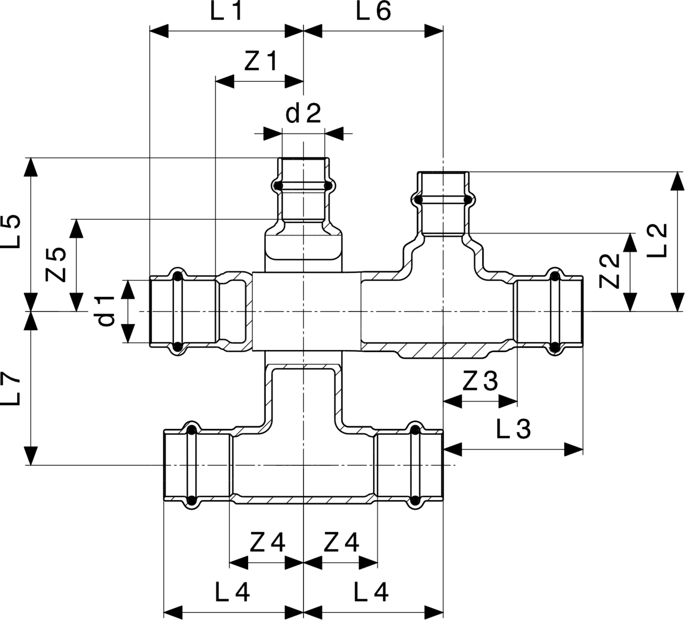 Verbindungselement aus Rotguss von Viega, bestehend aus einem T-Stück mit drei Anschlüssen in einem kompakten, geometrischen Design.