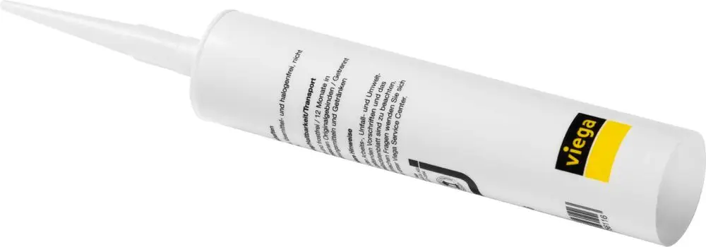 Weiße Tube mit spitzem Aufsatz, beschriftet, in der oberen Ecke das Logo der Marke Viega. Geeignet für die Anwendung im Bau- oder Sanitärbereich.