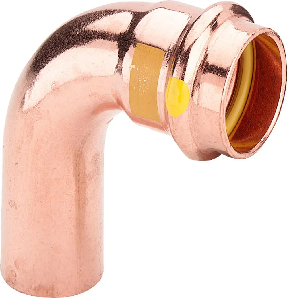 Kupferfitting mit 90-Grad-Bogenform, hergestellt von Viega. Das Produkt dient zur Verbindung von Rohren in Heizungs- oder Sanitärinstallationen.