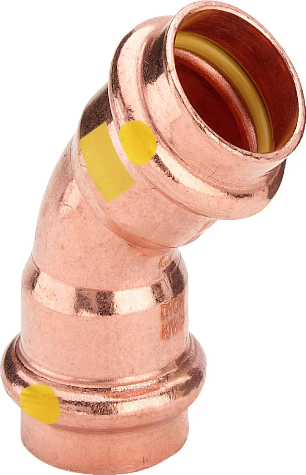 Kupfer-G-Bogen mit 45-Grad-Winkel, markiert mit gelben Punkten. Teil des Viega Profipress-Systems zur Verbindung von Rohrleitungen.