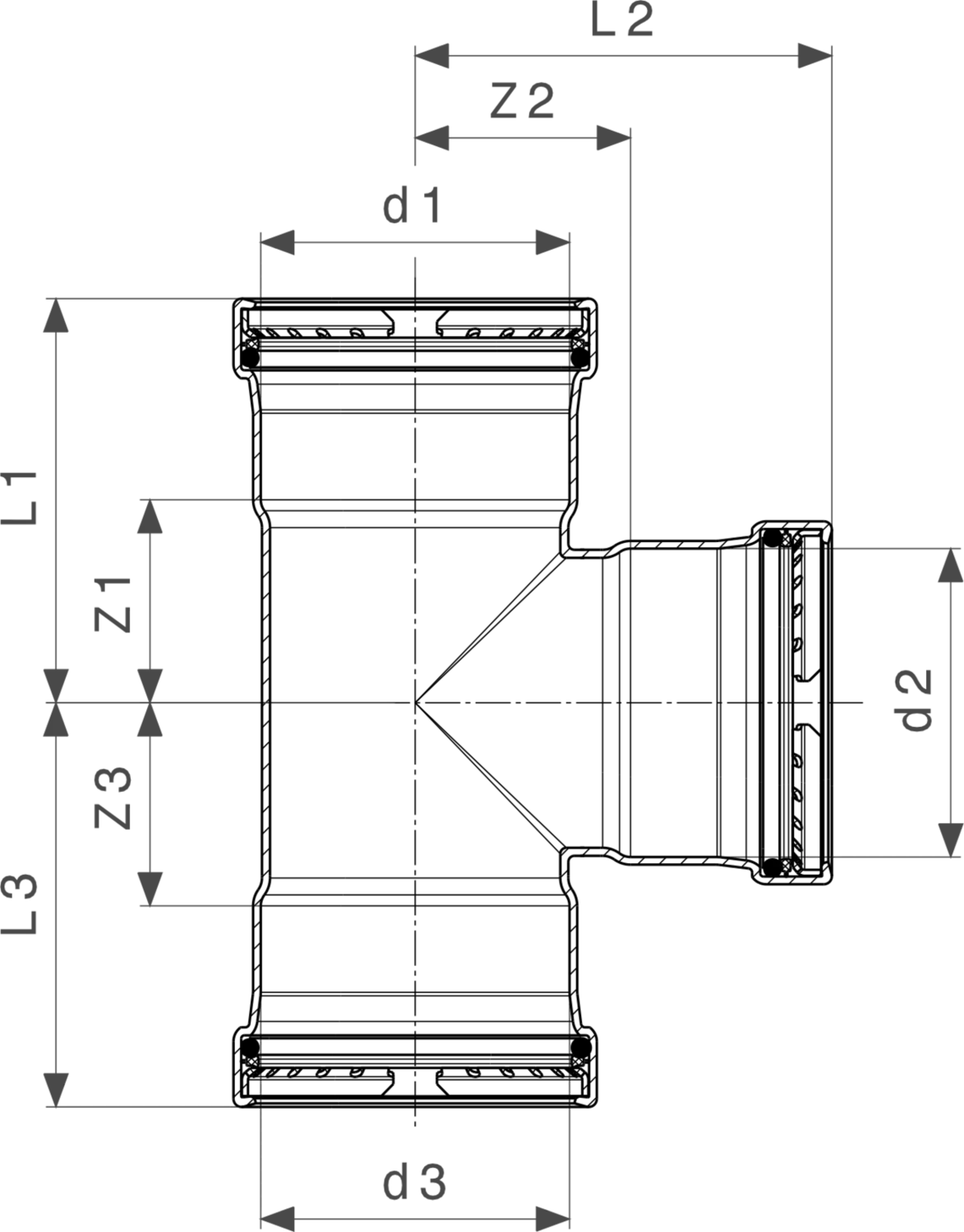 Viega Profipress G XL-T-Stück aus Kupfer, schematische Darstellung mit Maßen und Verbindungen für Rohrinstallationen. Visuelle Darstellung der Anschlussgrößen.