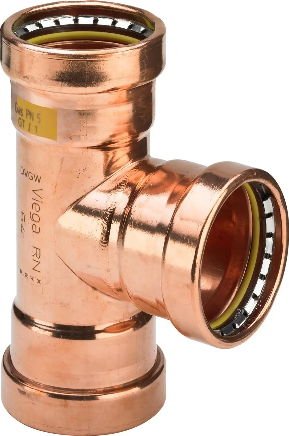 Kupfer-T-Stück von Viega mit drei Anschlüssen. Die Oberfläche ist glänzend, und das Produkt enthält Gummidichtungen zur Abdichtung. Geeignet für Installationen in Rohrsystemen.