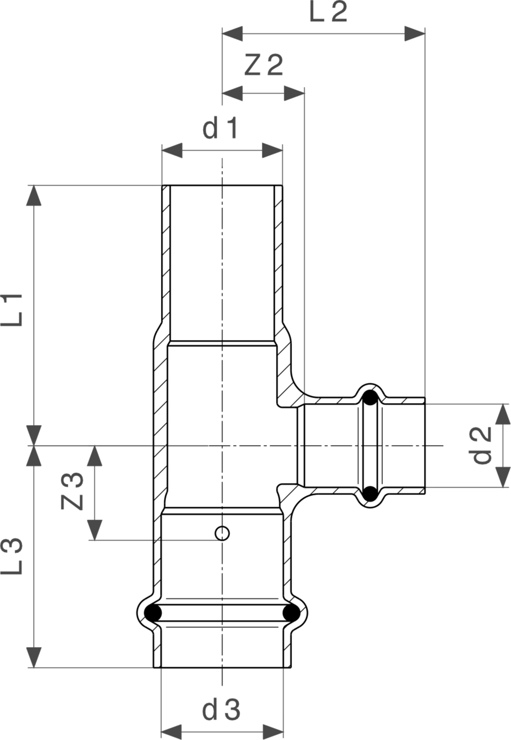 Kupferfitting von Viega, profiliertes G-T-Stück mit klaren Maßangaben und einem strukturierten Design, geeignet für Rohrverbindungen.