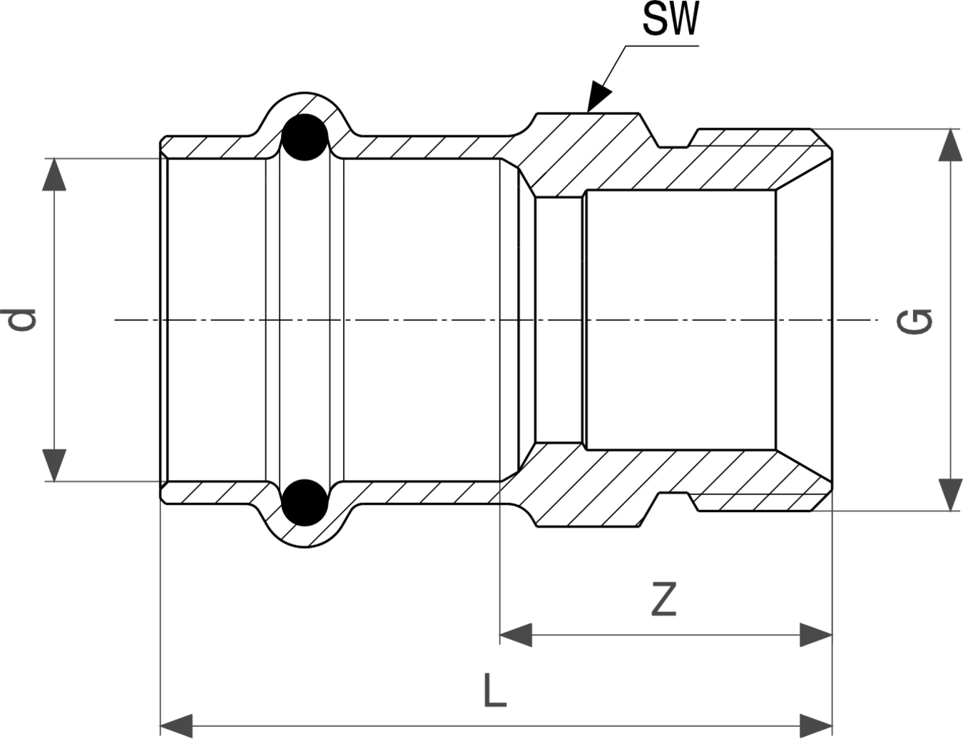 Viega Profipress G-Übergangsstück, dargestellt in schematischer Ansicht mit Maßen und Anschlüssen für Rohrverbindungen.