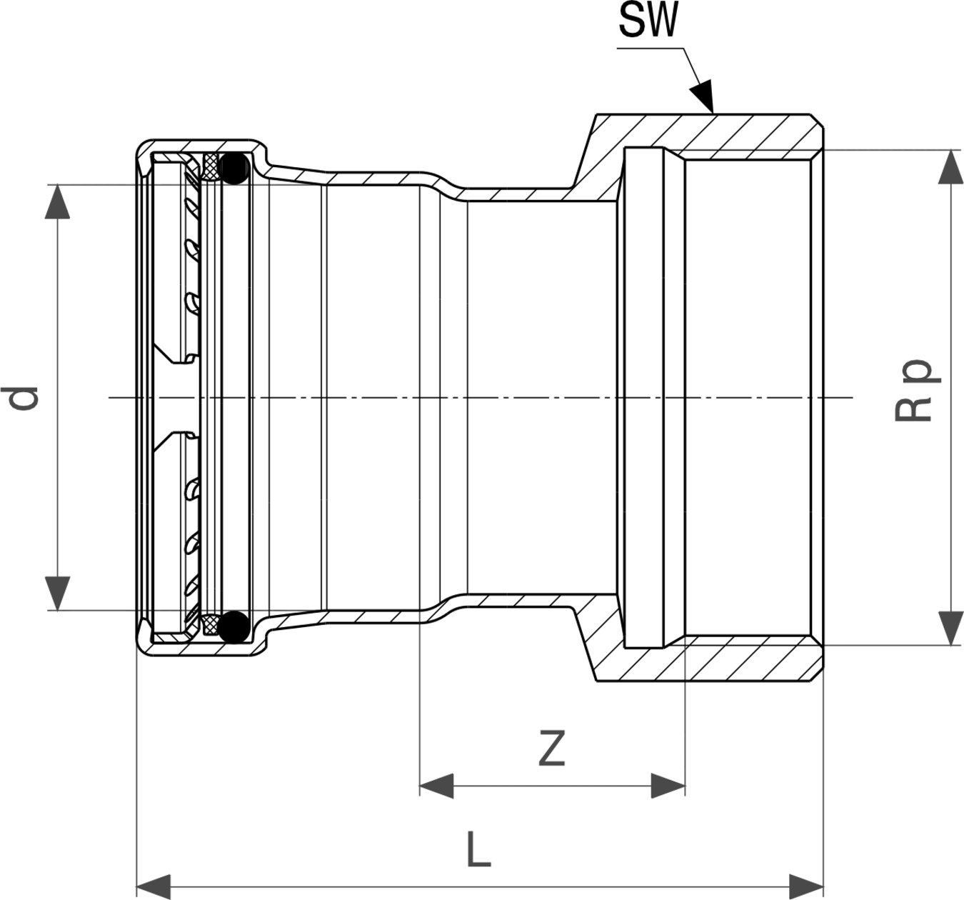 Viega Profipress G XL-Übergangsstück aus Kupfer, dargestellt mit verschiedenen Maßangaben und einem klaren technischen Schema, ideal für Rohrverbindungen.