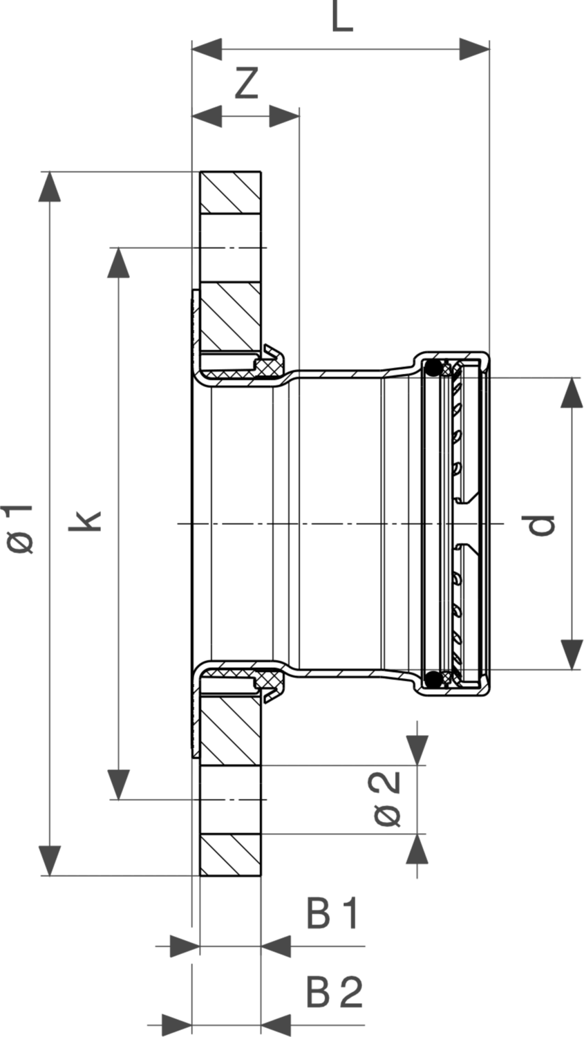 Flanschübergang aus Kupfer und Stahl von Viega mit mehreren Anschlussmöglichkeiten, abgebildet mit Maßangaben und einem schematischen Design zur Veranschaulichung der Dimensionen.