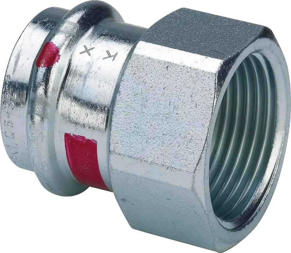 Viega Übergangsstück aus verzinktem Stahl mit Innengewinde. Die Oberfläche ist metallisch glänzend, mit einer roten Kennzeichnung am Ansatz.
