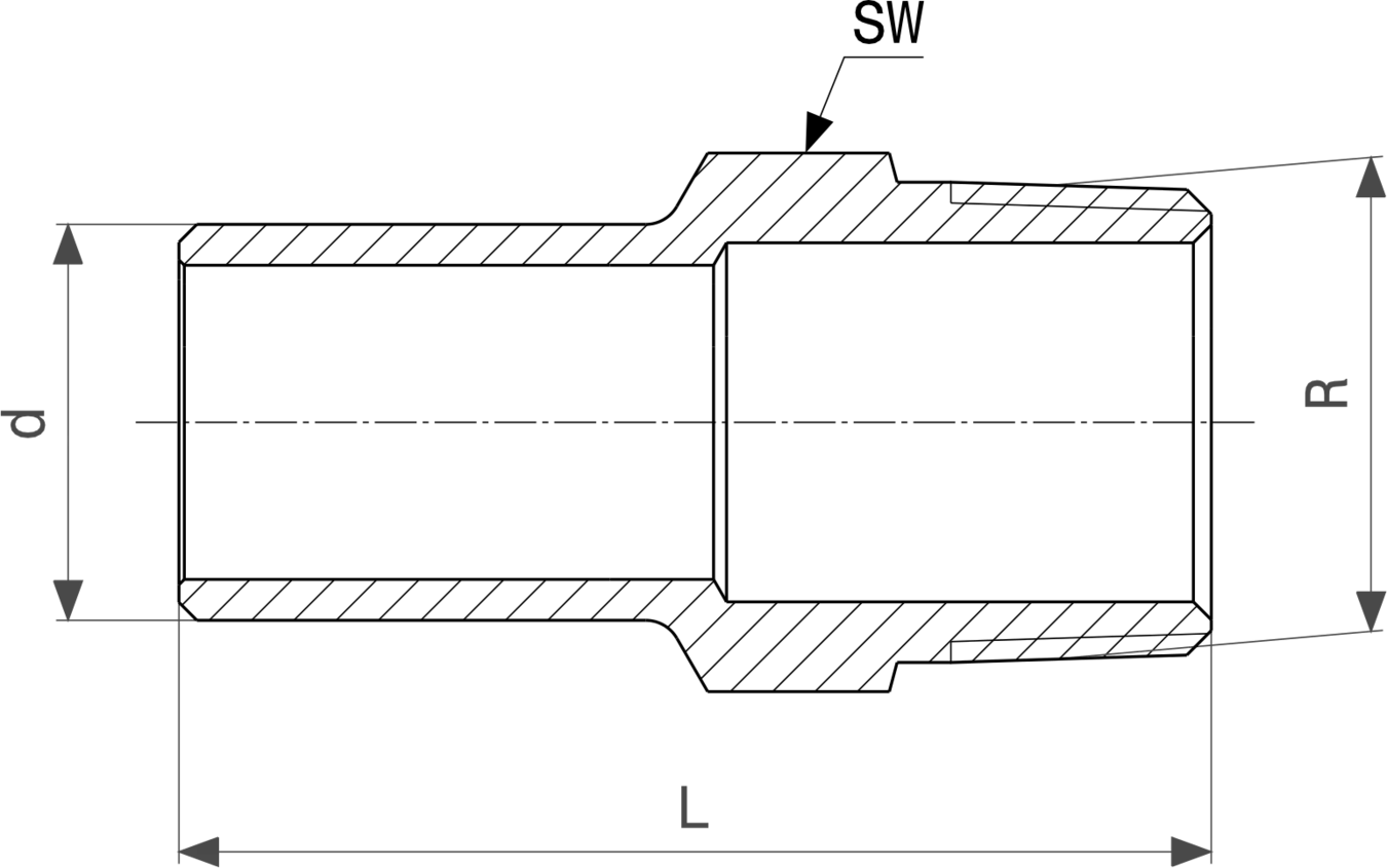 Stahl-Einsteckstück in gezeichneter Form, präsentiert von Viega, mit Abmessungen, die für Verbindungselemente in Installationsarbeiten geeignet sind.