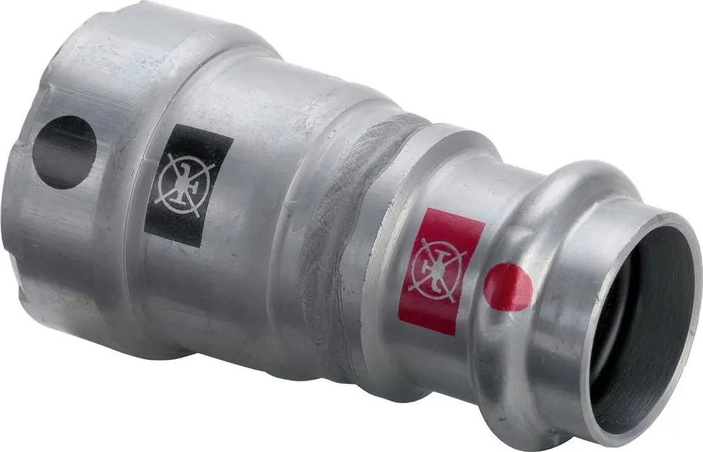 Übergangsstück aus Stahl mit Zink-Nickel-Beschichtung, gefertigt von Viega. Das Produkt zeigt mehrere Kennzeichnungen an der Oberfläche.