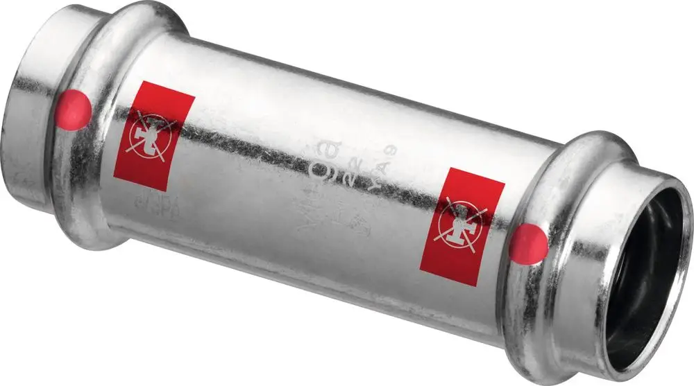 Verzinkte Schiebemuffe aus Stahl mit roten Markierungen und dem Viega-Logo. Das Produkt hat eine glatte Oberfläche und beiden Enden zur Verbindung von Rohren.