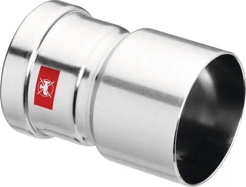 Ein glänzendes, silbernes Rohrverbindungsstück mit einem roten Aufkleber, das für die Rohrleitungstechnik gedacht ist.