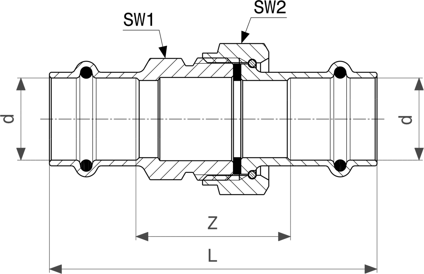 Viega Prestabo-Verschraubung aus verzinktem Stahl, mit verschiedenen Abmessungen dargestellt. Diagramm zeigt unterschiedliche Maße und Verbindungen.