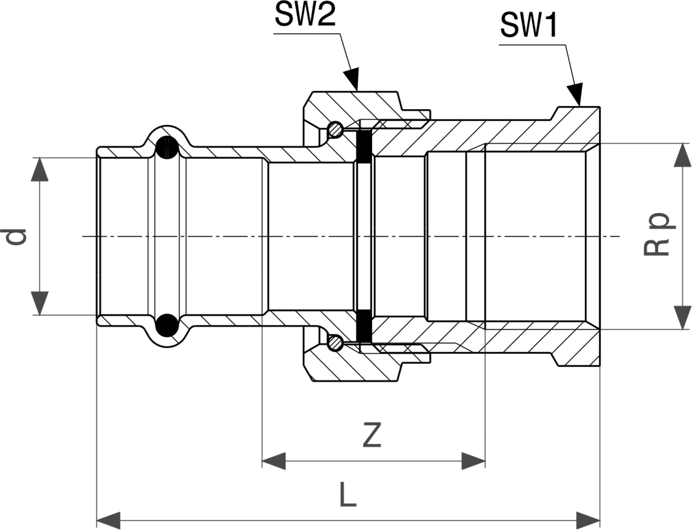Viega-Übergangsverschraubung aus verzinktem Stahl, mit Anschlussmöglichkeiten und verschiedenen Dimensionen, dargestellt in einer schematischen Zeichnung mit Maßangaben.