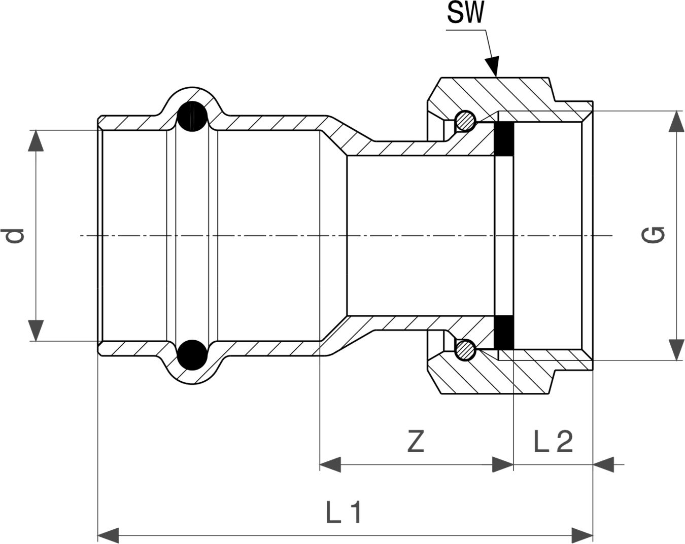 Viega Stahl-Anschlussverschraubung mit gewundenem Design und unterschiedlichen Längen. Verwendbar für vielseitige Rohrsysteme in der Installationstechnik.