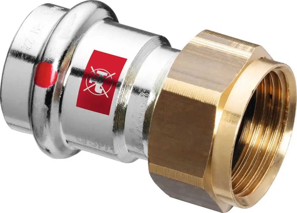 Viega-Anschlussverschraubung aus unlegiertem, verzinktem Stahl mit einer Metalloberfläche und einem roten Markierungspunkt.