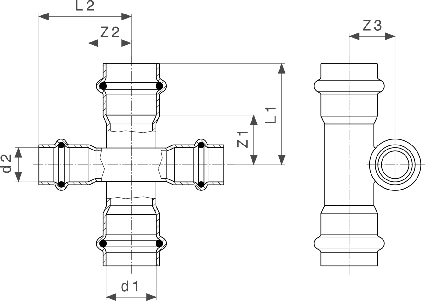 Stahl-Kreuzstück von Viega mit mehreren Anschlüssen und unterschiedlichen Durchmessern in einer schematischen Darstellung ohne spezifische Maßangaben.