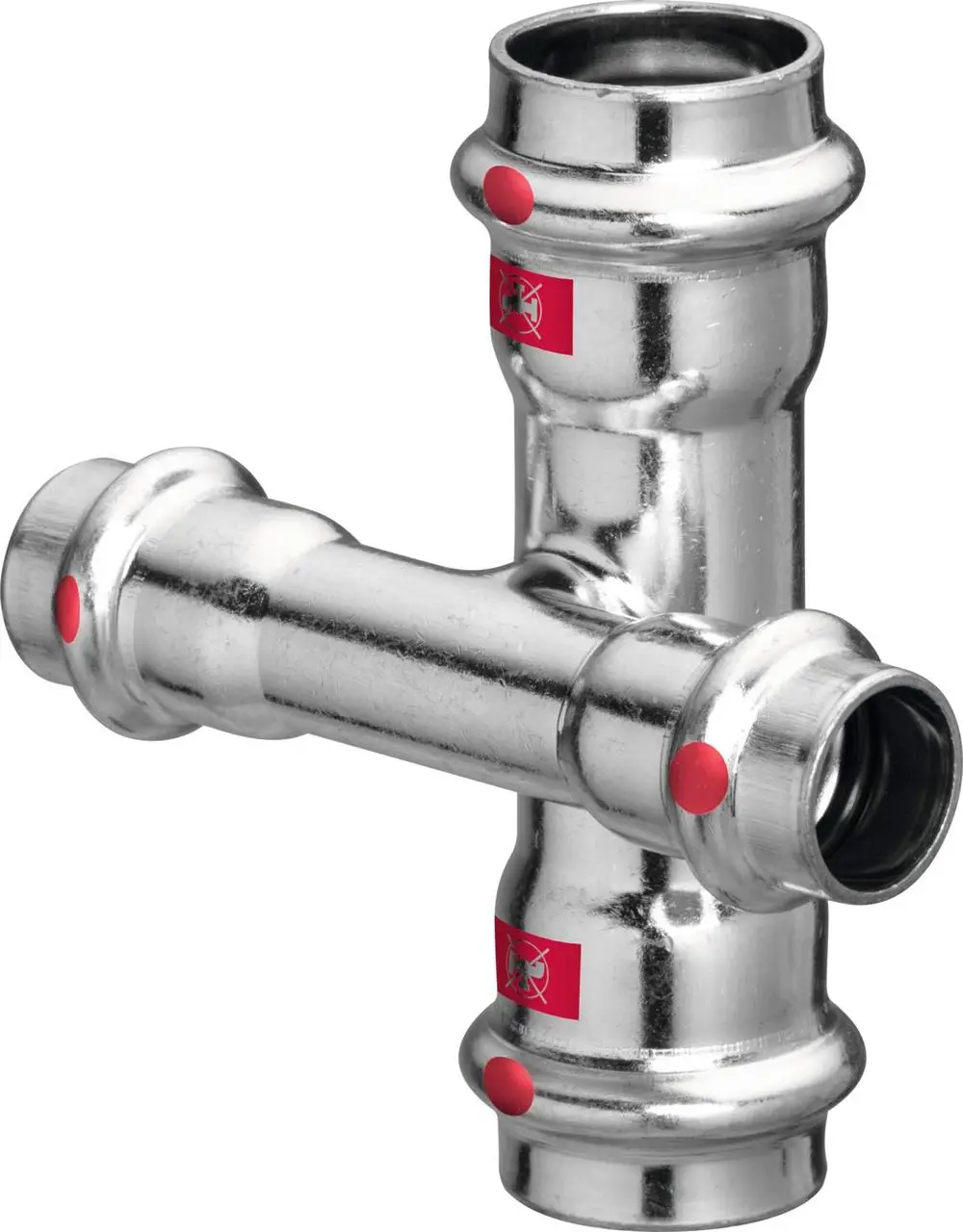 Viega Kreuzstück aus verzinktem Stahl mit mehreren Anschlüssen. Das Produkt zeigt eine metallische Oberfläche und ist für Rohrleitungsinstallationen geeignet.
