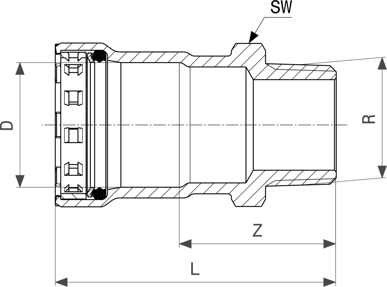 Stahlübergangsstück mit zylindrischer Form, gewindeartig an beiden Enden, mit zink-nickel Beschichtung, produziert von Viega.