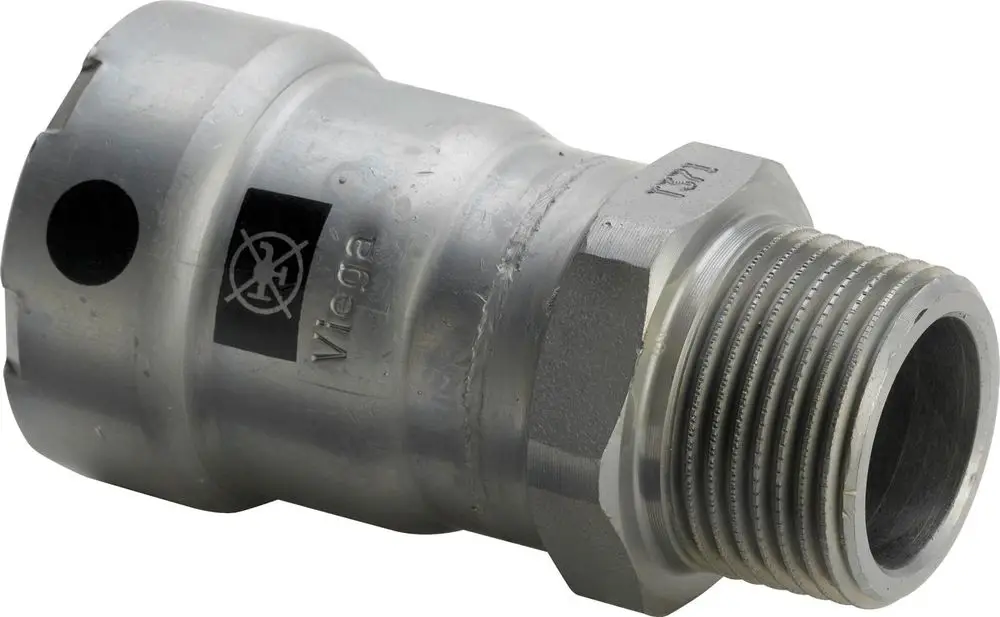 Stahlübergangsstück mit Gewinde, hergestellt von Viega, zur Verbindung von Rohrsystemen. Zink-Nickel-Beschichtung vorhanden.