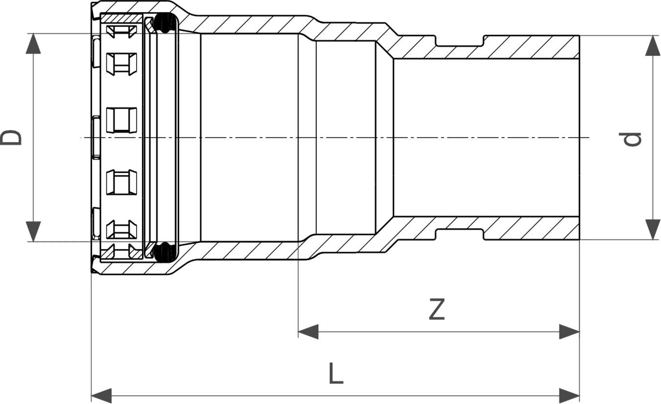 Megapress-Übergangsstück aus Stahl, unlegiert mit Zink-Nickel-Beschichtung. Ansicht zeigt alle Dimensionen und Details. Produkt von Viega.