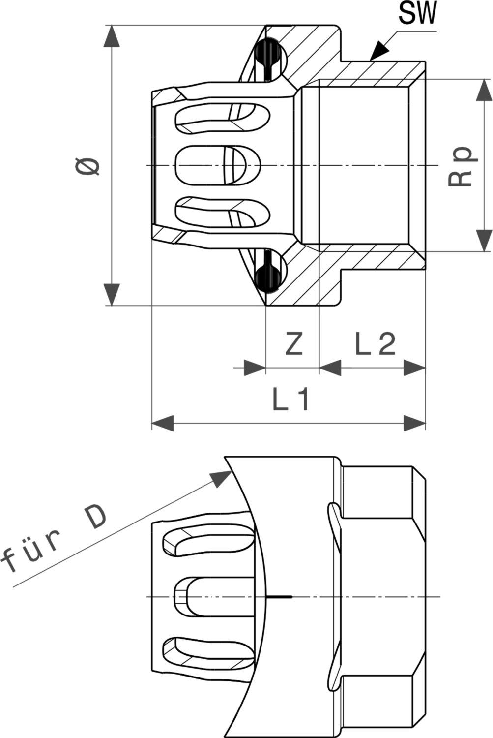 Viega Megapress-Einpressanschluss mit sichtbaren Anschlussmaßen und Zink-Nickel-Beschichtung für Anwendungen im Stahlbau. Maße und Modell sind im Diagramm enthalten.